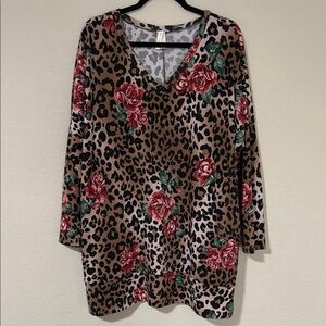 Now N Forever Leopard Print V-Neck Sweater with Red Floral Accents w/pockets